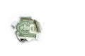 Dollar. One dollar different parts stick out in a hole on a white background. Royalty Free Stock Photo