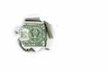 Dollar. One dollar different parts stick out in a hole on a white background. Royalty Free Stock Photo