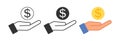 Dollar in an open hand icon. Get money symbol. Sign give penny vector