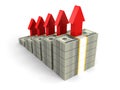 Dollar packs bar graph with rising up red arrows Royalty Free Stock Photo