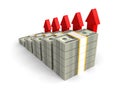 Dollar packs bar graph with rising up red arrows Royalty Free Stock Photo