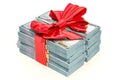 Dollar packs with red bow, gift concept. 3D rendering Royalty Free Stock Photo