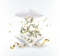 Dollar paper currency explosion and flying out the box. Win money prizes vector banner.