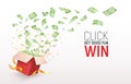 Dollar paper currency explosion and flying out the box. Win money prizes vector banner. Gambling advertising