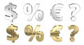 Dollar percentage euro question mark 3D render Royalty Free Stock Photo