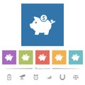 Dollar piggy bank flat white icons in square backgrounds Royalty Free Stock Photo