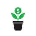 Dollar plant sprout growth - concept icon design. Success investment sign. Money flower tree in pot. Vector illustration. Royalty Free Stock Photo