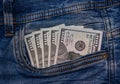 100 dollar pocket money, in jeans pocket, 100 dollar bills 10 Royalty Free Stock Photo