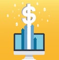 Dollar pop up on screen computer and yellow background, successful business concept illustration