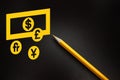 Dollar, pound, yen, yellow pencil. Multicurrency account. Money making concept