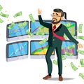 Dollar Rain Businessman Vector. Winner Cash Savings Banking Concept. Isolated Flat Cartoon Character Illustration