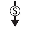 Dollar rate decrease icon on white background. flat style. lower cost icon for your web site design, logo, app, UI. business loss