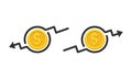 Dollar rate decrease and increase. Coin icon. Money arrow up and down. Cost reduction. Vector on isolated white background. EPS 10