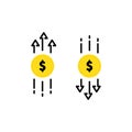 Dollar rate decrease or increase icon. Money rate icon. Money increase. Money decrease with coins. Coin with down arrow or arrow Royalty Free Stock Photo