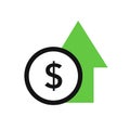 Dollar rate increase. Cost rising icon with money sign and growth arrow. Increase price, higher profit. vector Royalty Free Stock Photo