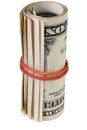 Dollar roll tightened with rubber band. Rolled money isolated on white. Royalty Free Stock Photo
