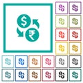 Dollar Rupee money exchange flat color icons with quadrant frames