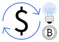 Currency exchange concept with dollar, bitcoin symbols and light bulb innovation Royalty Free Stock Photo