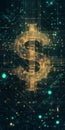 A dollar sign is displayed in a digital format, surrounded by a network of lines