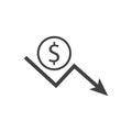 Dollar sign with down arrow icon. Gain loss. Vector illustration