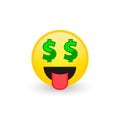 Dollar sign eyes emoticon emoji character icon. Vector isolated symbol Royalty Free Stock Photo