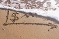 Dollar sign and growth chart written in the sea sand. Waves washed away the inscription. Royalty Free Stock Photo