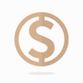 Dollar sign icon. Money label. USD currency symbol. Circles and rounded coin button. gold color. flat style. vector