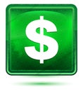 Dollar sign icon neon light green square button Royalty Free Stock Photo