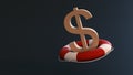 Dollar sign in a lifebuoy on a dark background with space for text or logo. 3D rendering.