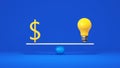 Dollar Sign and Light Bulb on Scale Seesaw. Balance Scale on Blue Studio Background.