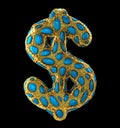 Dollar sign made of golden shining metallic 3D with blue glass isolated on black background.