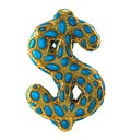 Dollar sign made of golden shining metallic 3D with blue glass isolated on white background.
