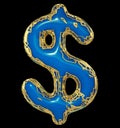 Dollar sign made in golden shining metallic 3D with blue paint isolated on black background.