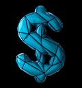Dollar sign made of low poly style blue color plastic isolated on black background. 3d
