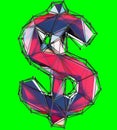 Dollar sign made in low poly style red color isolated on green background.