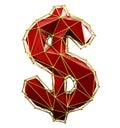 Dollar sign made in low poly style red color isolated on white background.