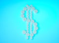 Dollar sign made of round white pills on blue background. Pharmacy business, medicine pill concept. pharmaceutical business