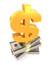 Dollar sign on stack of USA dollars. Royalty Free Stock Photo