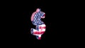 The dollar sign, in the texture of the American flag, on a black background, is inflated like a balloon, spins around