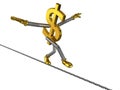 Dollar sign walks on a steel rope