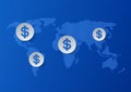 Dollar Signs on World Map Blue Background Royalty Free Stock Photo