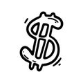 Dollar sing in doodle stile. Hand drawn vector illustration. Financial currency, wellness and richness symbol Royalty Free Stock Photo