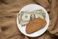 Dollar and a slice of black bread on a white plate on sacking, the price of bread