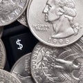 Dollar symbol. American US money quarter coins lie on a black computer or laptop keyboard around a button with a national currency