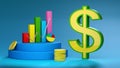 Dollar symbol on the background of multi-colored chart columns, arrows and coins. 3D rendering. Financial concept.