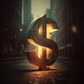 Dollar symbol. Dollar on the background of the city. The image of the dollar for the exchanger. Icon for website. Photo wallpaper.