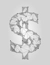 Dollar symbol low poly design. USA currency sign polygonal triangle connected dot line. White gray glowing icon vector