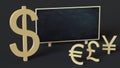 Dollar symbol rises above the symbols of other currencies near the school blackboard with space for text or logo on a dark