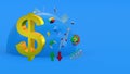 Dollar symbol rises against the backdrop of abstract multi-colored shapes, arrows and charts. 3D rendering. Financial concept.