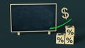 Dollar symbol rises up a green arrow above a pyramid of wooden cubes with a percent sign on each face against a blackboard